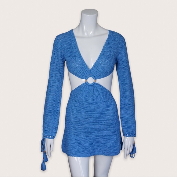 BEGINNING BOUTIQUE | Women’s Cleo Crochet Mini Dress Coverup Blue 4 - Picture 1 of 6